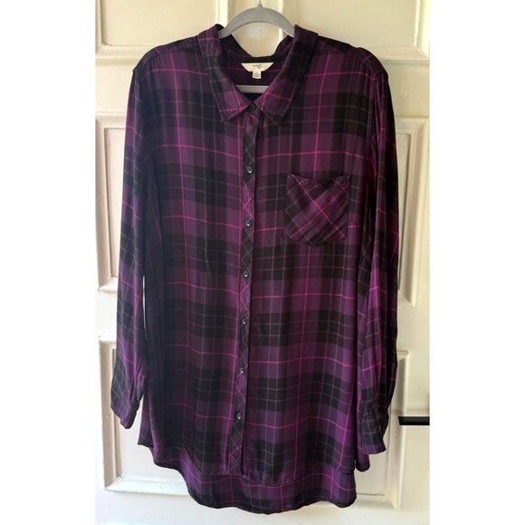 Womens Purple Black Plaid Shirt Size 2X Button Down Long Sleeve Indie Plaidcore - Picture 2 of 8